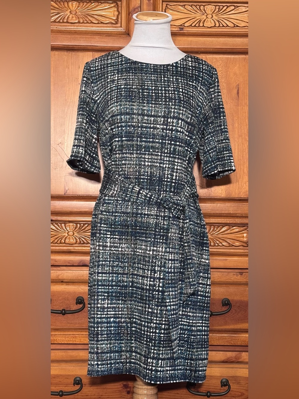 Enfocus Studio Navy, Green and White Plaid Sheath Midi Dress